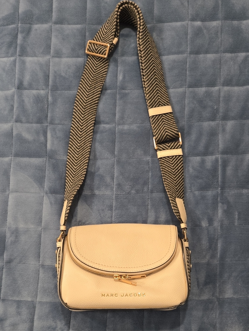 Marc Jacobs Marsmallpw Pebbled Leather Crossbody with Black Chevron Strap